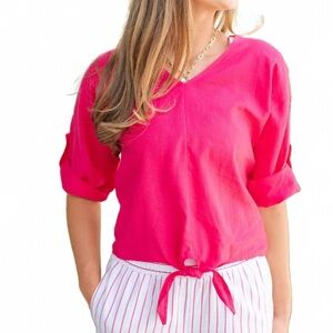 NWOT CHARLIE B Vibrant Pink Linen Blend V-Neck Blouse